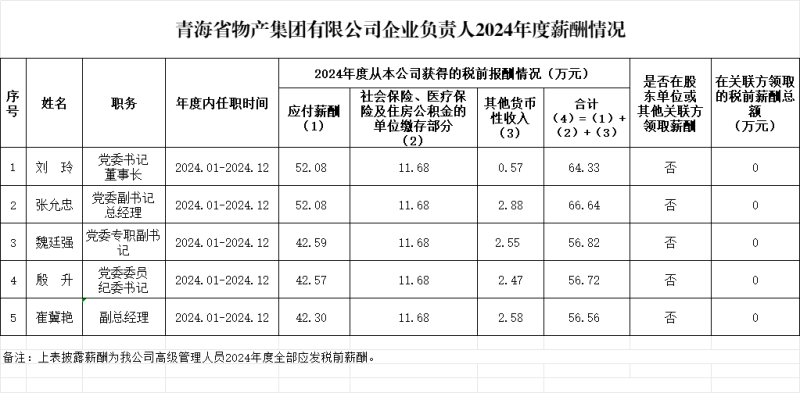 青海省物產(chǎn)集團有限公司企業(yè)負(fù)責(zé)人2024年度薪酬情況及第五任期(2022-2024)激勵收人情況