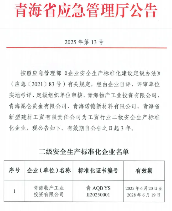工投公司獲評(píng)工貿(mào)行業(yè)二級(jí)安全生產(chǎn)標(biāo)準(zhǔn)化企業(yè)