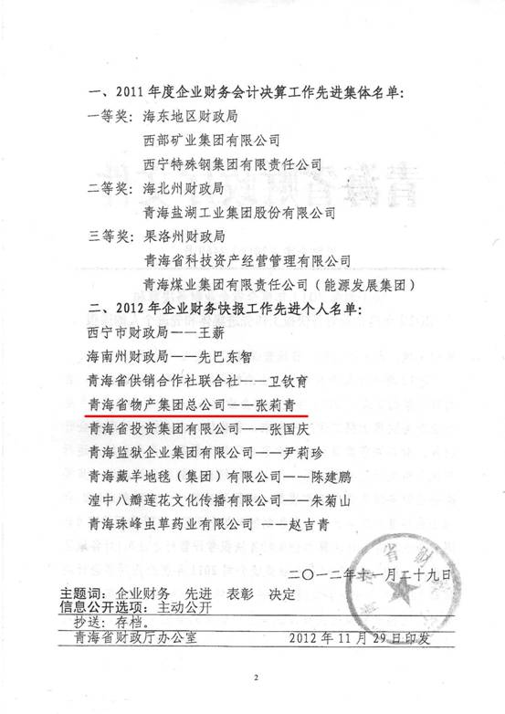 物產(chǎn)集團(tuán)榮獲2011年度財務(wù)決算先進(jìn)單位、2012年度財務(wù)快報工作先進(jìn)個人表彰